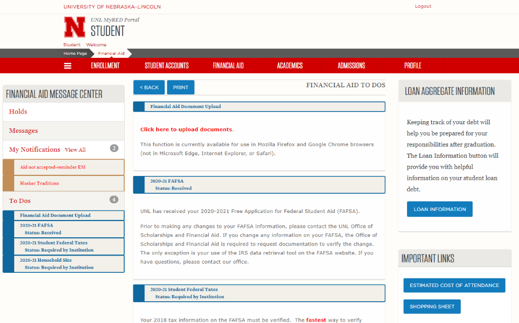 screen capture of MyRed Financial To-Dos page.