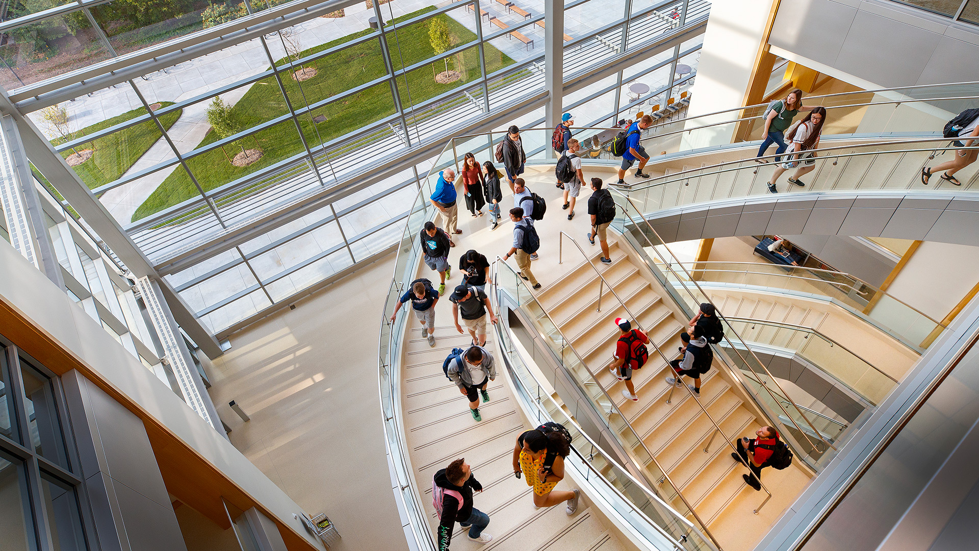 Students walking up and down stairs