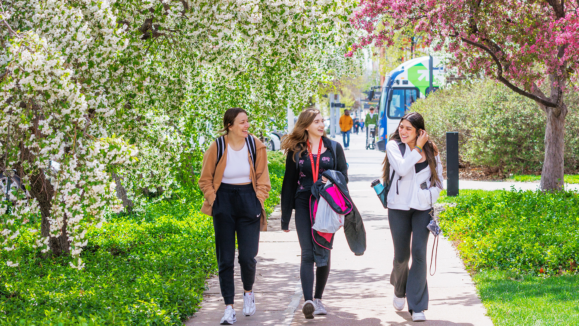 Three students walking through campus