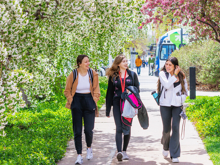 Three students walking through campus